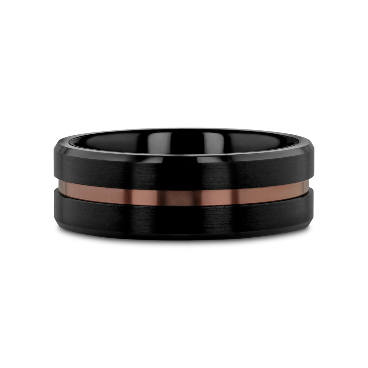 NEVAN Flat Brushed Black Tungsten Men’s Wedding Band with Espresso Groove Center - 8mm