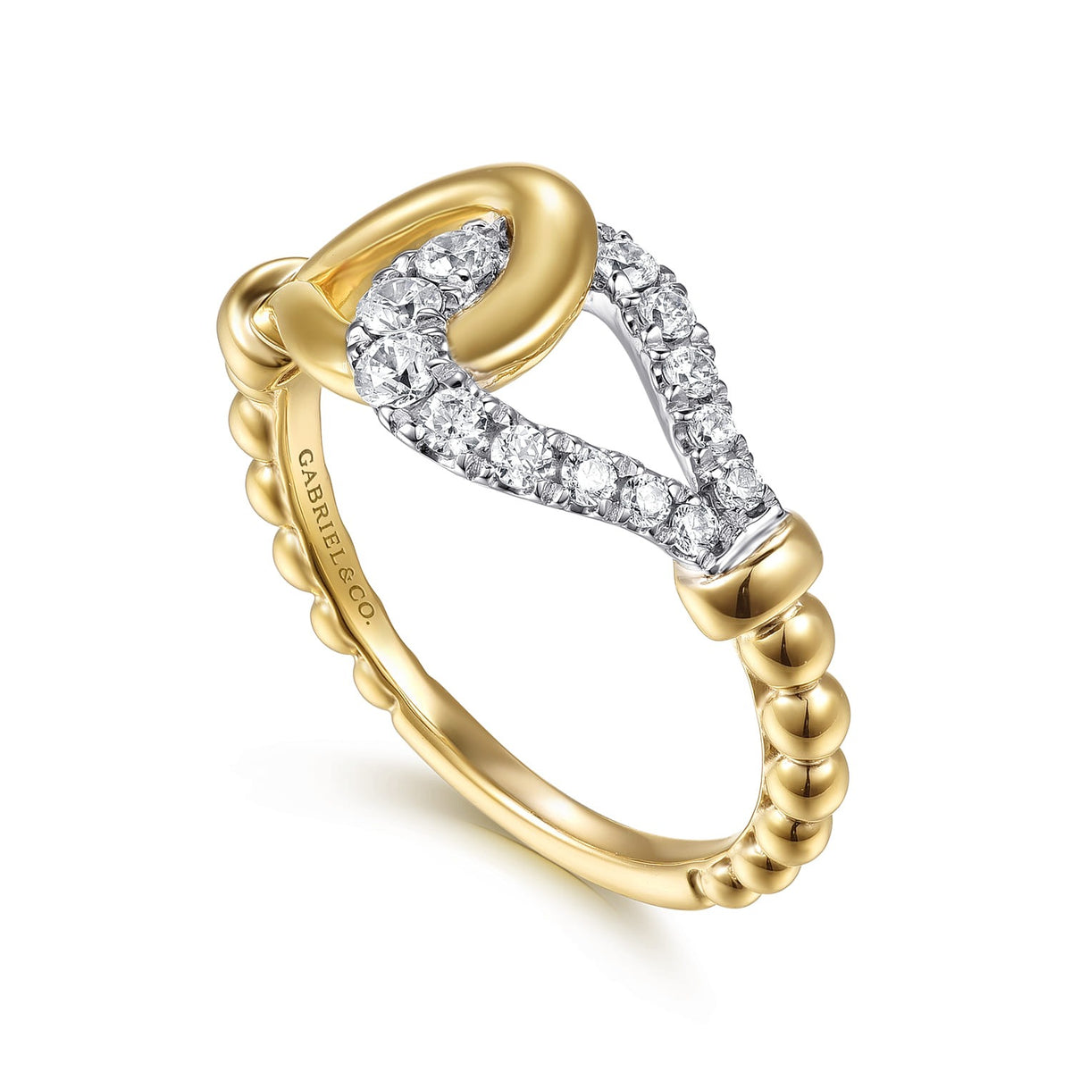 Gabriel & Co. 14K White Yellow Gold Bujukan and Diamond Horseshoe Link Ring .29CTW