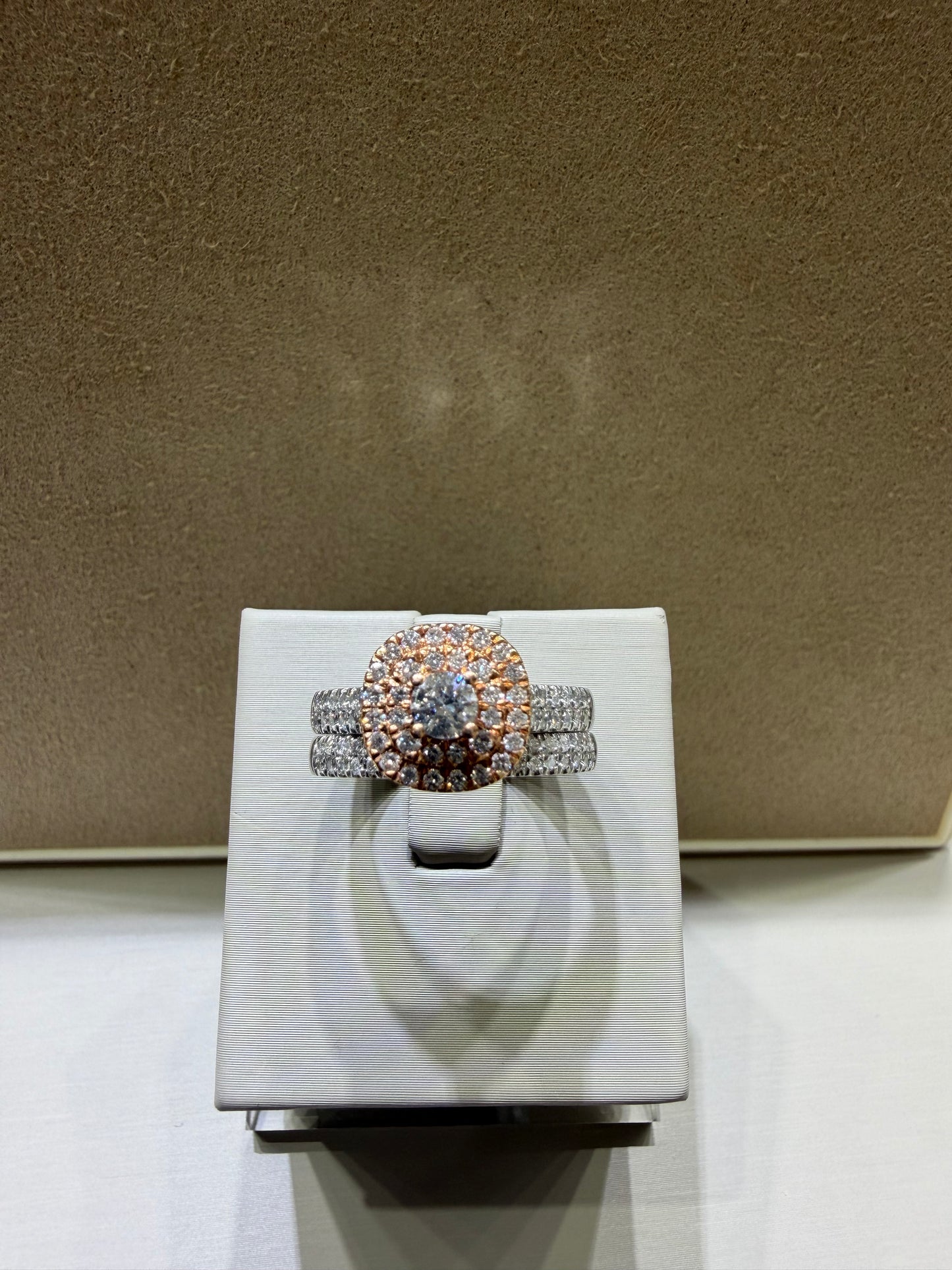 14K Two-Tone Double Halo Diamond Wedding Set | Rose & White Gold .96ctw .25ctr