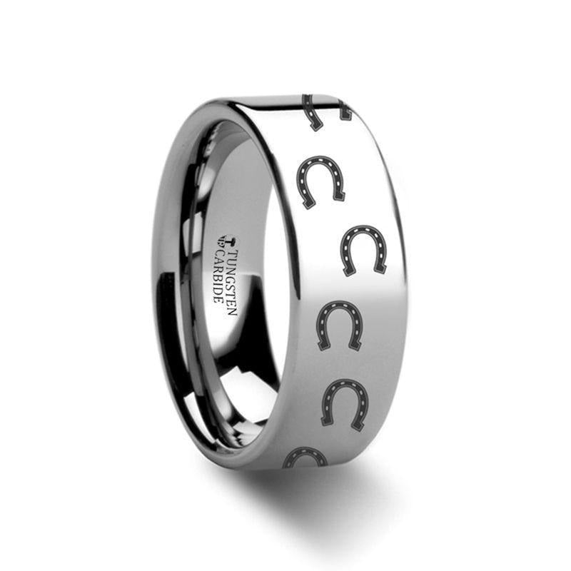Animal Horse Shoe Print Engraved Flat Tungsten Ring - 4mm - 12mm - 8mm
