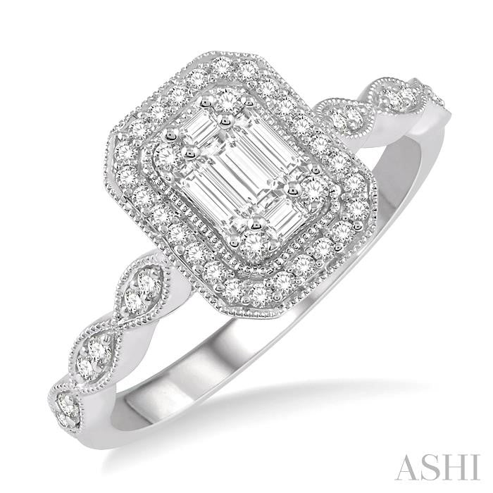 3/8 Ctw Emerald Shape Round Cut and Baguette Diamond Fusion Engagement Ring in 14K White Gold