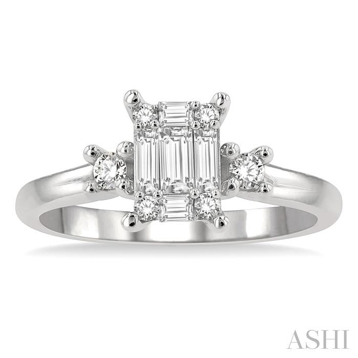 1/2 Ctw Fusion Baguette and Round Cut Diamond Engagement Ring in 14K White Gold
