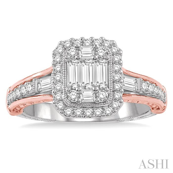 3/4 Ctw Octagonal Mount Two Tone Accent Round Cut and Baguette Diamond Ring in 14K White and Rose Gold