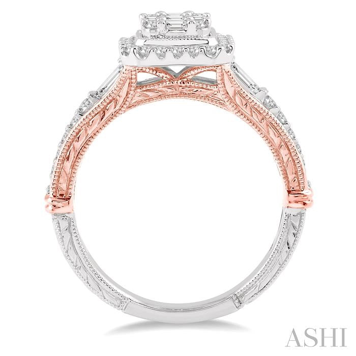 3/4 Ctw Octagonal Mount Two Tone Accent Round Cut and Baguette Diamond Ring in 14K White and Rose Gold