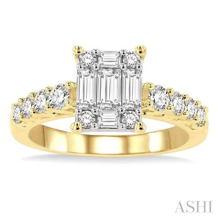 1 Ctw Fusion Baguette and Round Cut Diamond Engagement Ring in 14K Yellow and White gold
