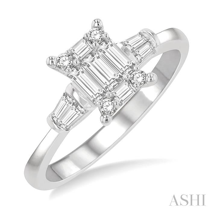 1/2 Ctw Modern Rectangular Head Baguette and Round Cut Diamond Ladies Ring in 14K Yellow and White Gold