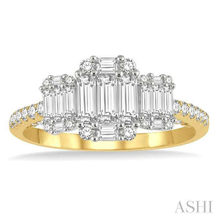 7/8 Ctw Tri-Mount Fusion Baguette and Round Cut Diamond Past Present and Future Engagement Ring in 14K Yellow and White 