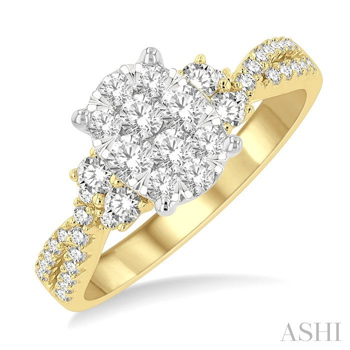 3/4 Ctw Oval Shape Center Criss Cross Shank Lovebright Round Cut Diamond Engagement Ring in 14K Yellow and White gold