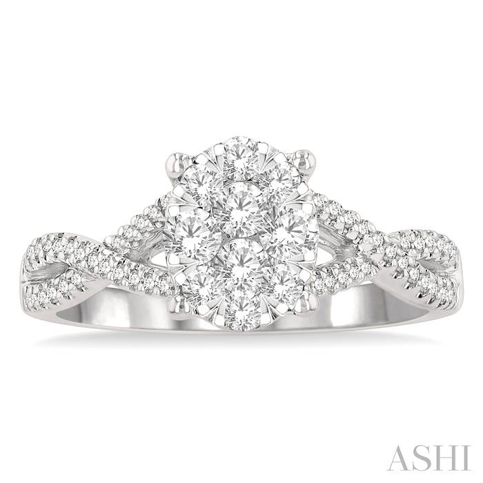 5/8 Ctw Oval Shape Center Split Criss Cross Shank Lovebright Round Cut Diamond Engagement Ring in 14K White Gold