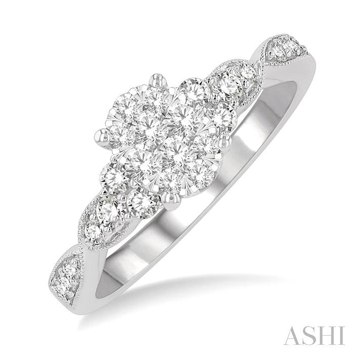 1/2 Ctw Oval Shape Center Criss Cross Carved Shank Lovebright Round Cut Diamond Engagement Ring in 14K White Gold