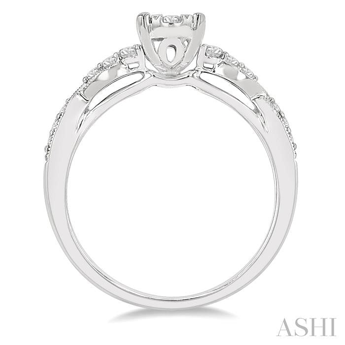1/2 Ctw Oval Shape Center Criss Cross Carved Shank Lovebright Round Cut Diamond Engagement Ring in 14K White Gold