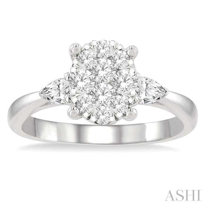 3/4 Ctw Oval Shape Lovebright Pear and Round Cut Diamond Engagement Ring in 14K White Gold