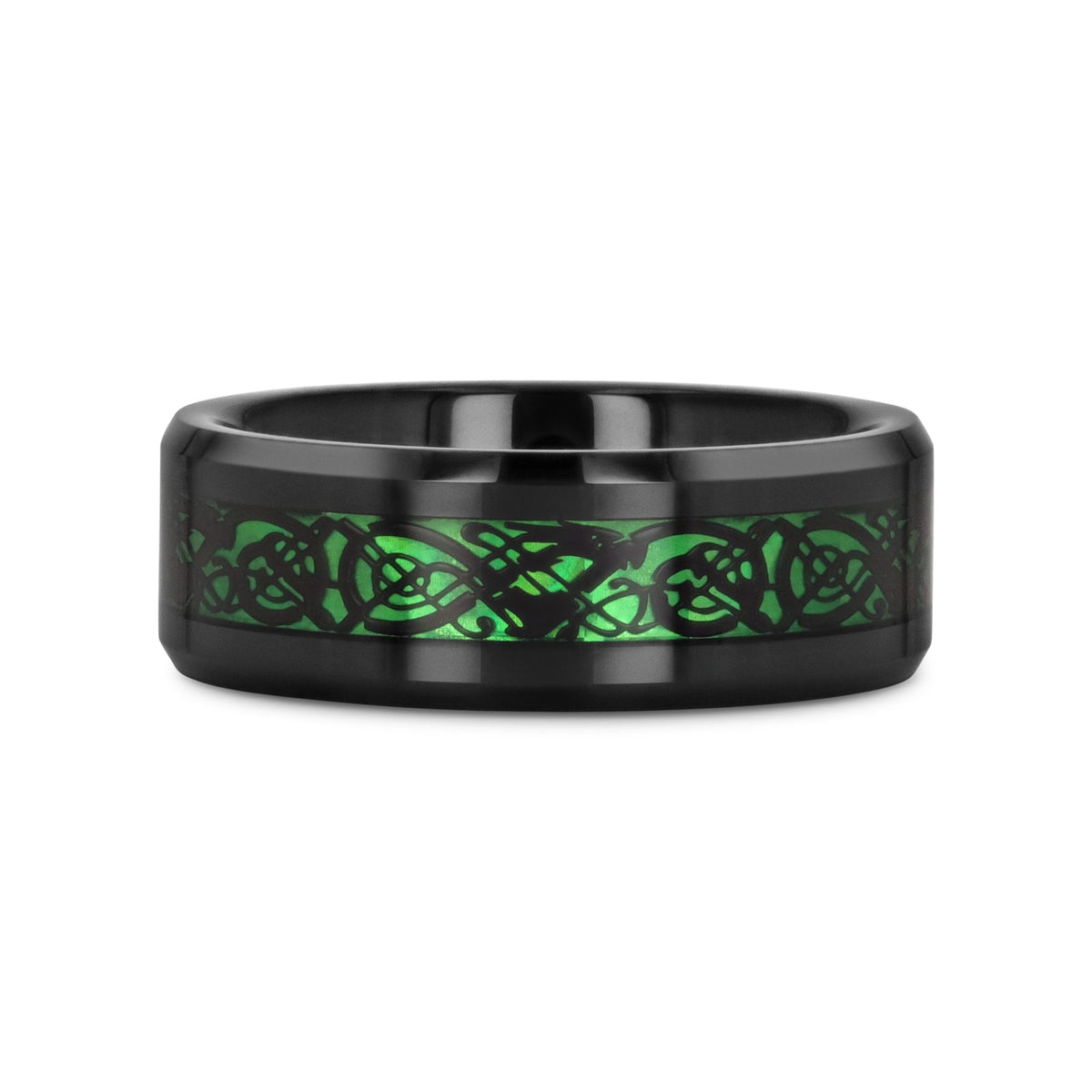 ALLURE Black Dragon Design With Green Background Inlaid Black Tungsten Men's Ring With Clear Coating And Beveled Edge - 