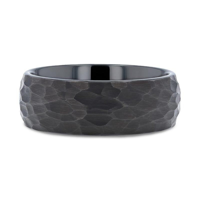 RENEGADE Domed Hammer Finish Black Tungsten Carbide Wedding Band with Brushed Finish - 6mm or 8mm