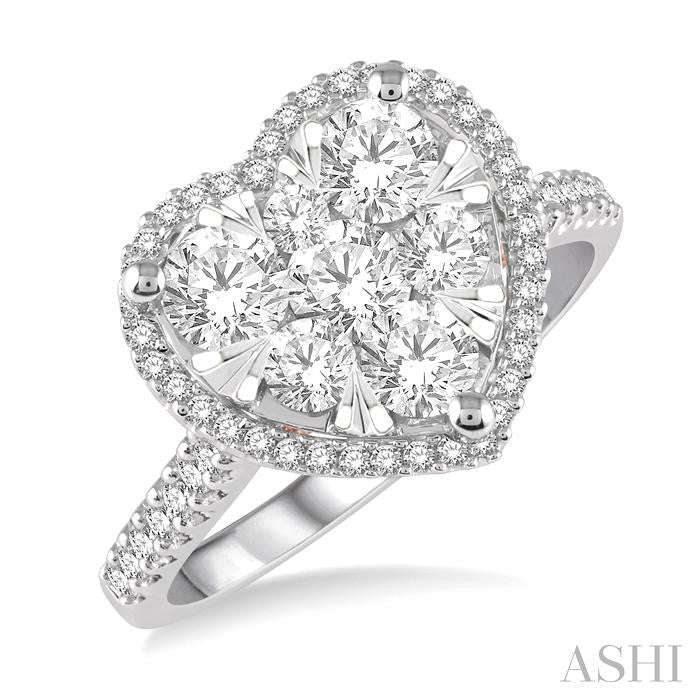 1 1/10 Ctw Round Diamond Lovebright Heart Halo Engagement Ring in 14K White and Rose Gold