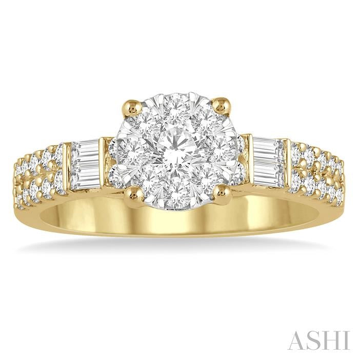 7/8 Ctw Round and Baguette Diamond Lovebright Engagement Ring in 14K Yellow and White gold