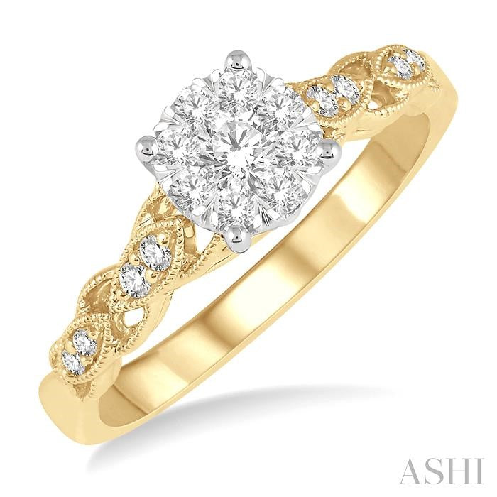 3/8 Ctw Two-Tone Lattice Round Cut Diamond Lovebright Ring in 14K Yellow and White Gold