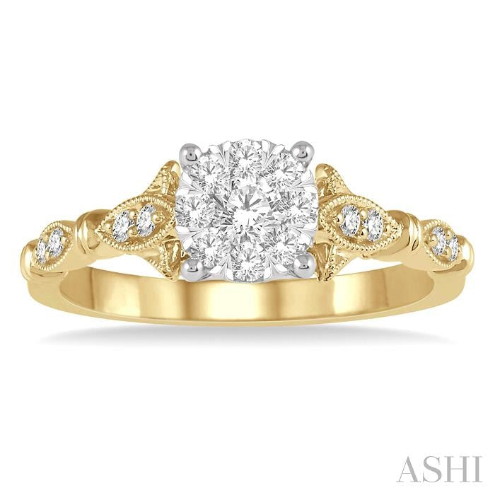 1/2 Ctw Marquise Shank Circular Mount Lovebright Round Cut Diamond Ring in 14K Yellow and White Gold