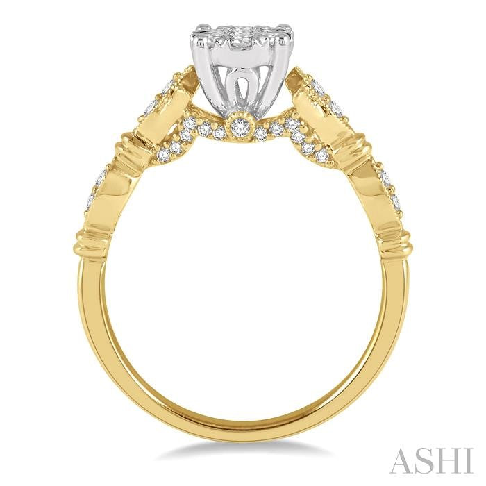 1/2 Ctw Marquise Shank Circular Mount Lovebright Round Cut Diamond Ring in 14K Yellow and White Gold