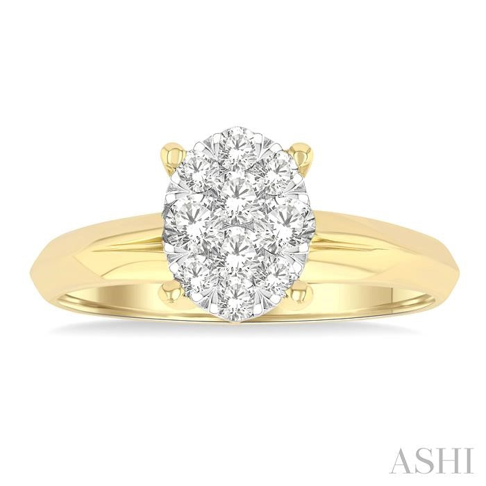 1/2 Ctw Knife Edge Shank Oval Shaped Lovebright Round Cut Diamond Ring in 14K Yellow and White Gold