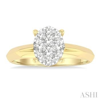 1/2 Ctw Knife Edge Shank Oval Shaped Lovebright Round Cut Diamond Ring in 14K Yellow and White Gold