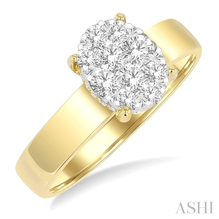 1/2 Ctw Bold Shank Oval Shaped Lovebright Round Cut Diamond Ring in 14K Yellow and White Gold