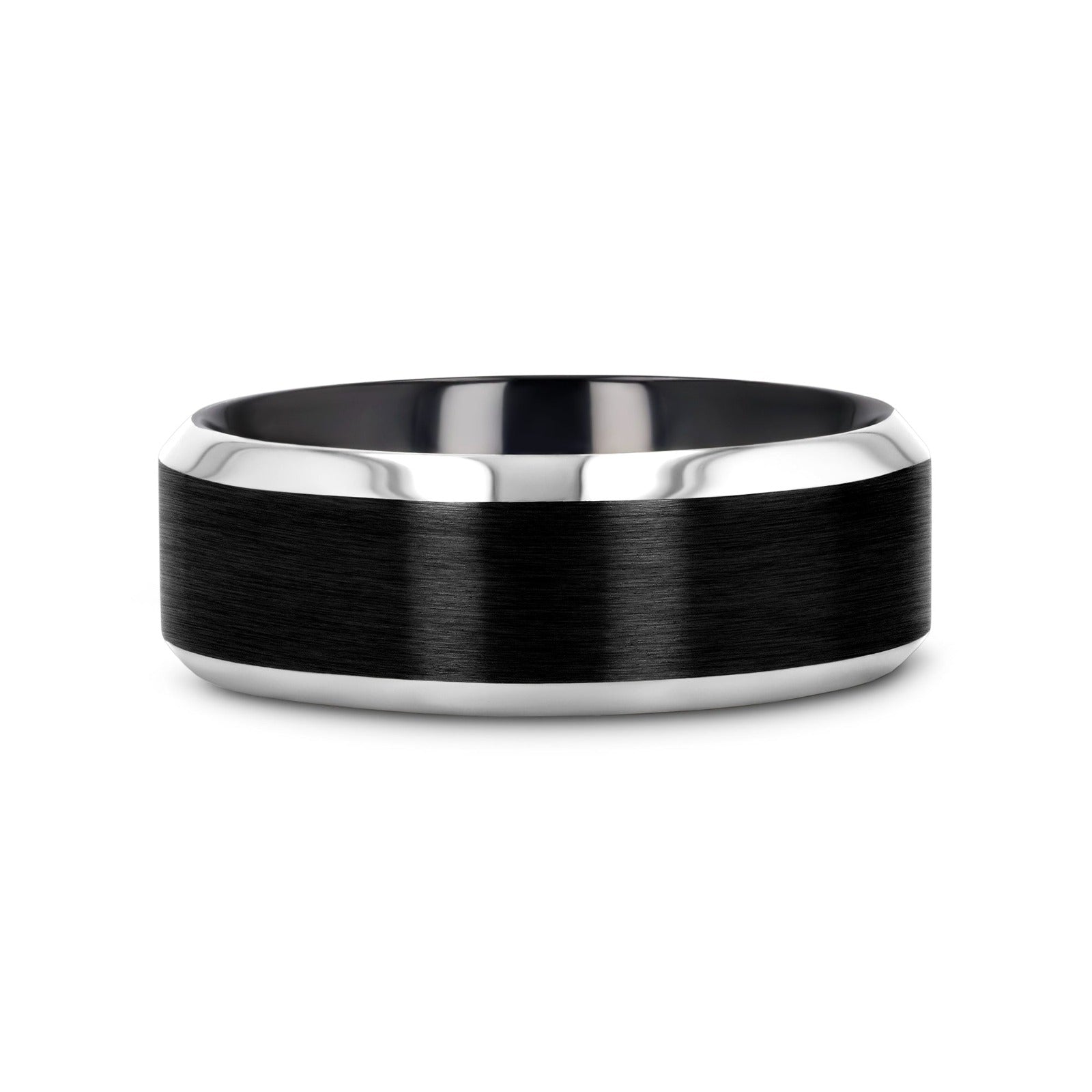 ATNOS Brushed Black Center Polished Beveled Edges Men’s Titanium Wedding Ring - 6mm & 8mm
