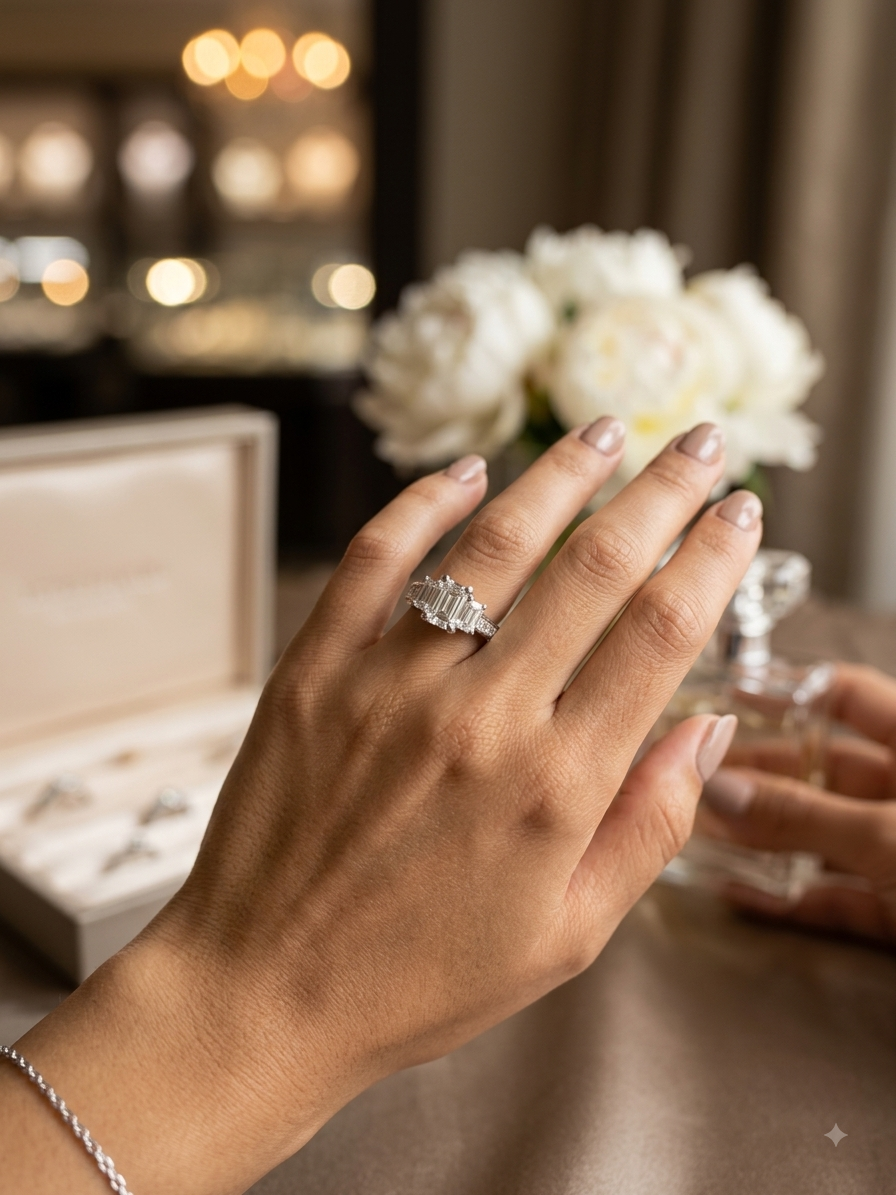 1.49 CTW Certified Emerald-Cut Three-Stone Diamond Ring with Princess-Cut Accents | Monica Jewelers