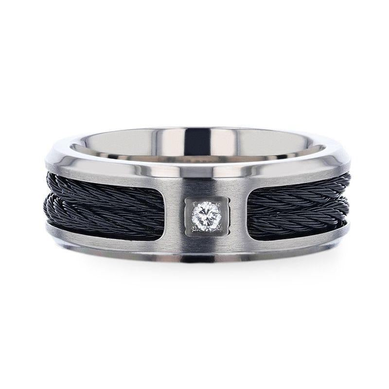 SECTOR Black Rope Cables Inlaid Brushed Finish Titanium Men's Wedding Ring with Diamond Centered And Beveled Polished Ed
