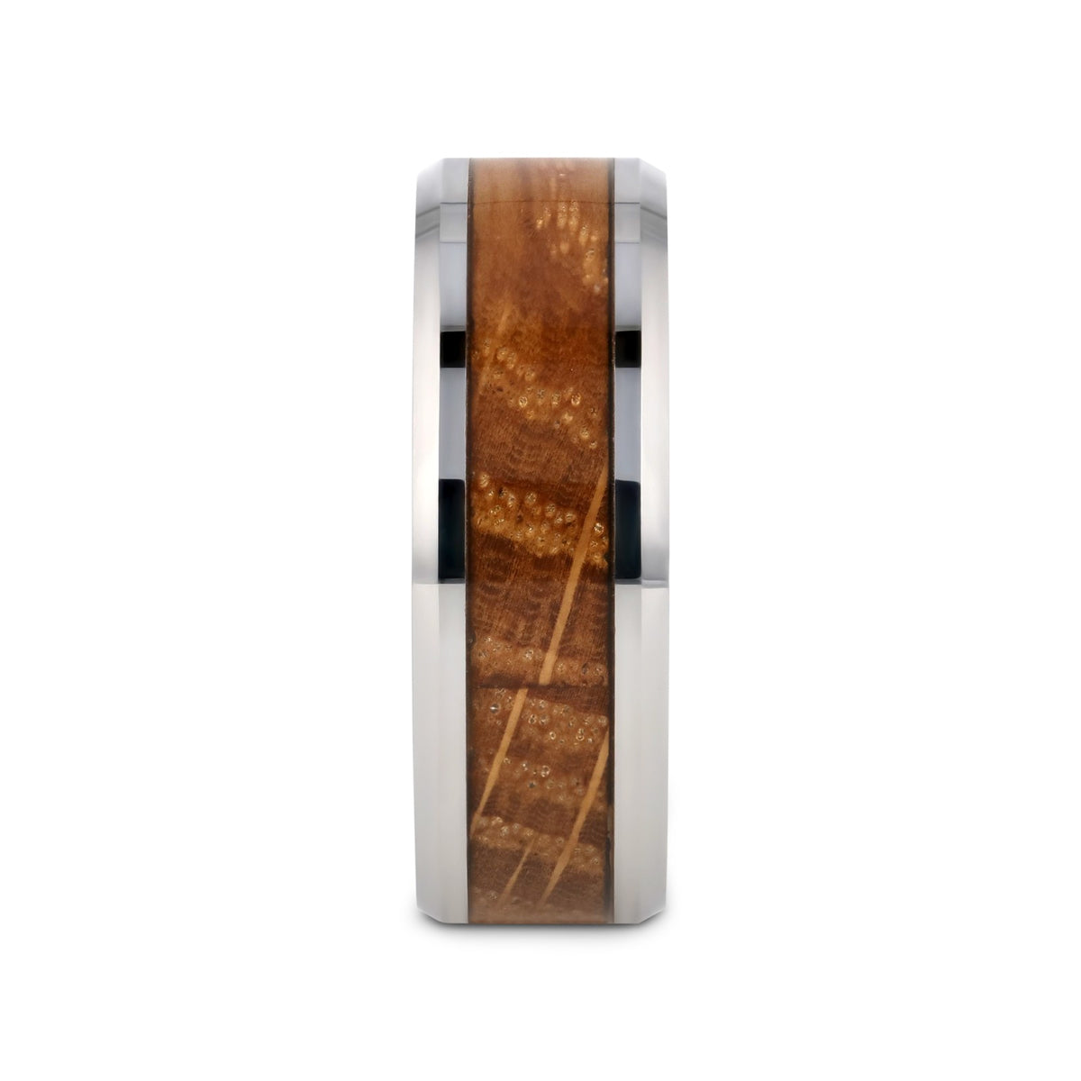 DISTILLED Whiskey Barrel Inlaid Tungsten Men's Wedding Band With Beveled Polished Edges Made From Genuine Whiskey Barrel