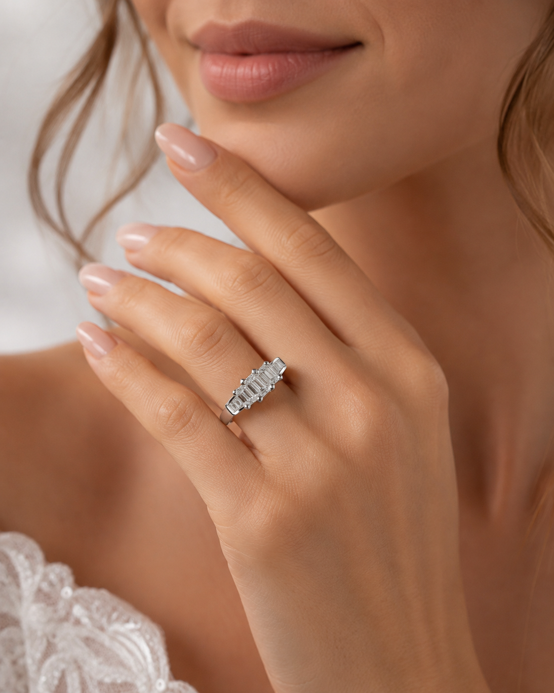 1.49 CTW Emerald Cut Three Stone Engagement Ring | 14K White Gold
