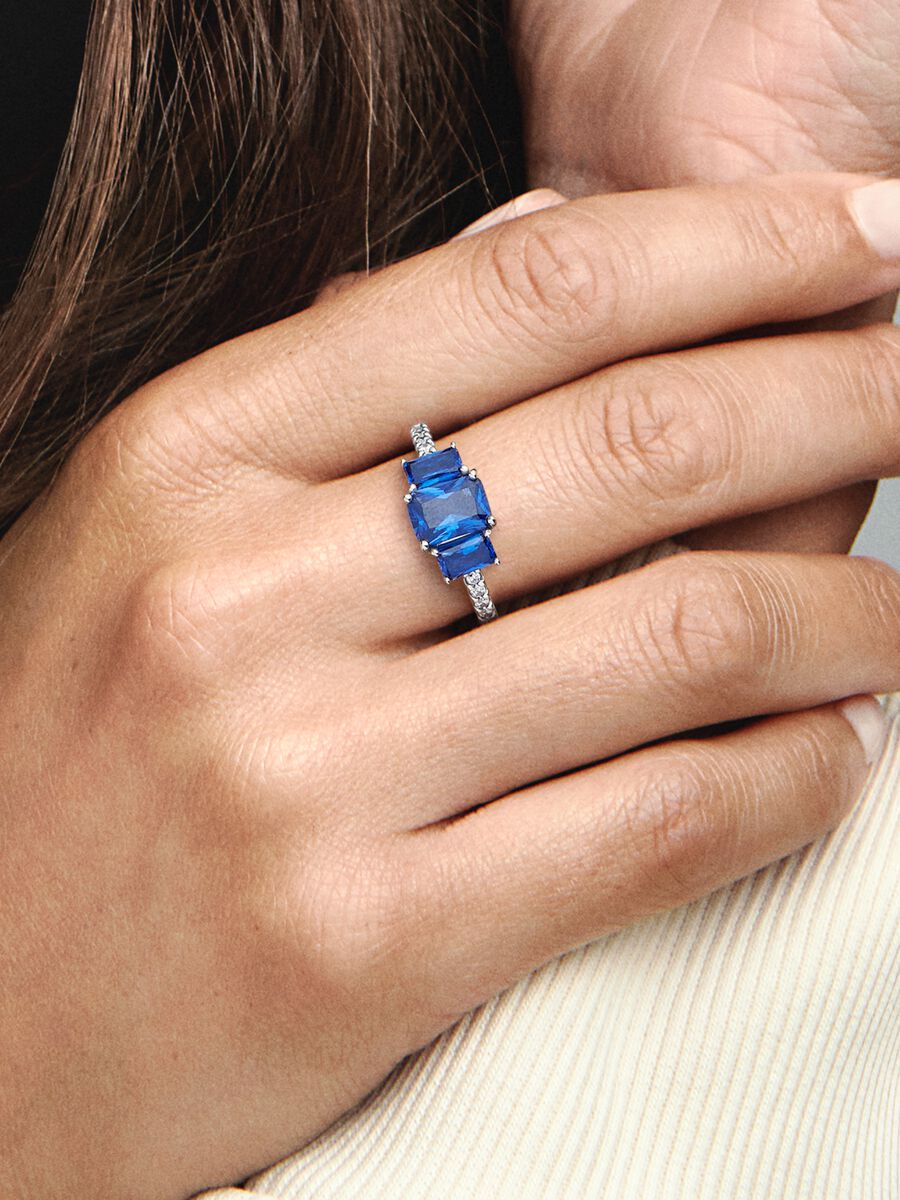 Blue Rectangular Three Stone Sparkling Ring