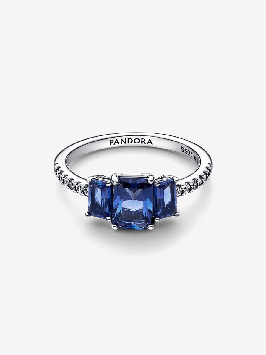 Blue Rectangular Three Stone Sparkling Ring