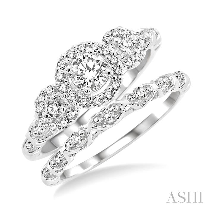 1/2 Ctw Diamond Wedding Set with 1/2 Ctw Round Cut Past Present and Future Engagement Ring and 1/20 Ctw Wedding Band in 
