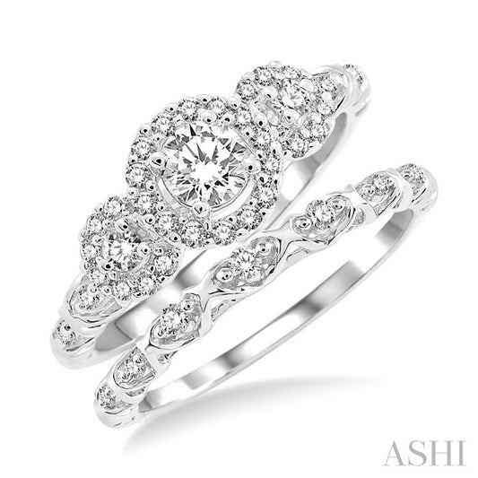 1/2 Ctw Diamond Wedding Set with 1/2 Ctw Round Cut Past Present and Future Engagement Ring and 1/20 Ctw Wedding Band in 