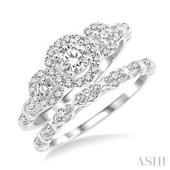 1/2 Ctw Diamond Wedding Set with 1/2 Ctw Round Cut Past Present and Future Engagement Ring and 1/20 Ctw Wedding Band in 14K White Gold