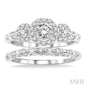 1/2 Ctw Diamond Wedding Set with 1/2 Ctw Round Cut Past Present and Future Engagement Ring and 1/20 Ctw Wedding Band in 14K White Gold