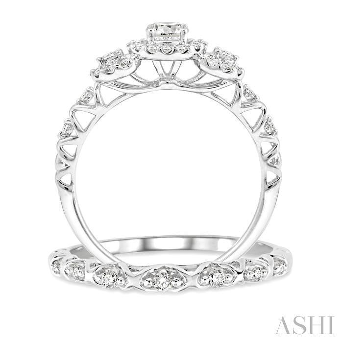 1/2 Ctw Diamond Wedding Set with 1/2 Ctw Round Cut Past Present and Future Engagement Ring and 1/20 Ctw Wedding Band in 