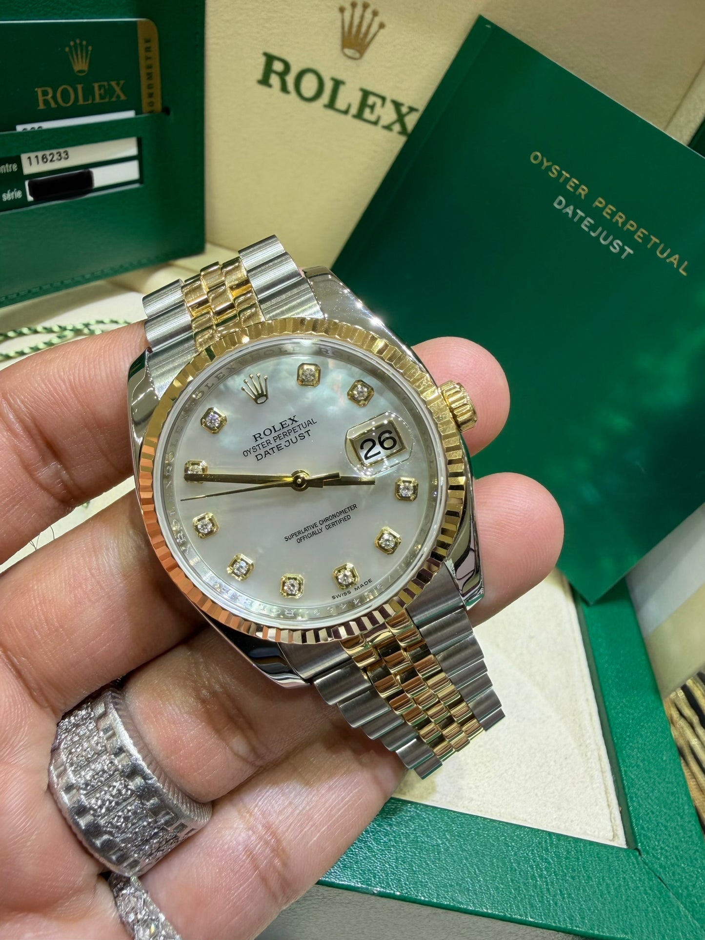 Rolex Datejust 18k/ss Jubilee factory Mother of pearl diamond dial  116233