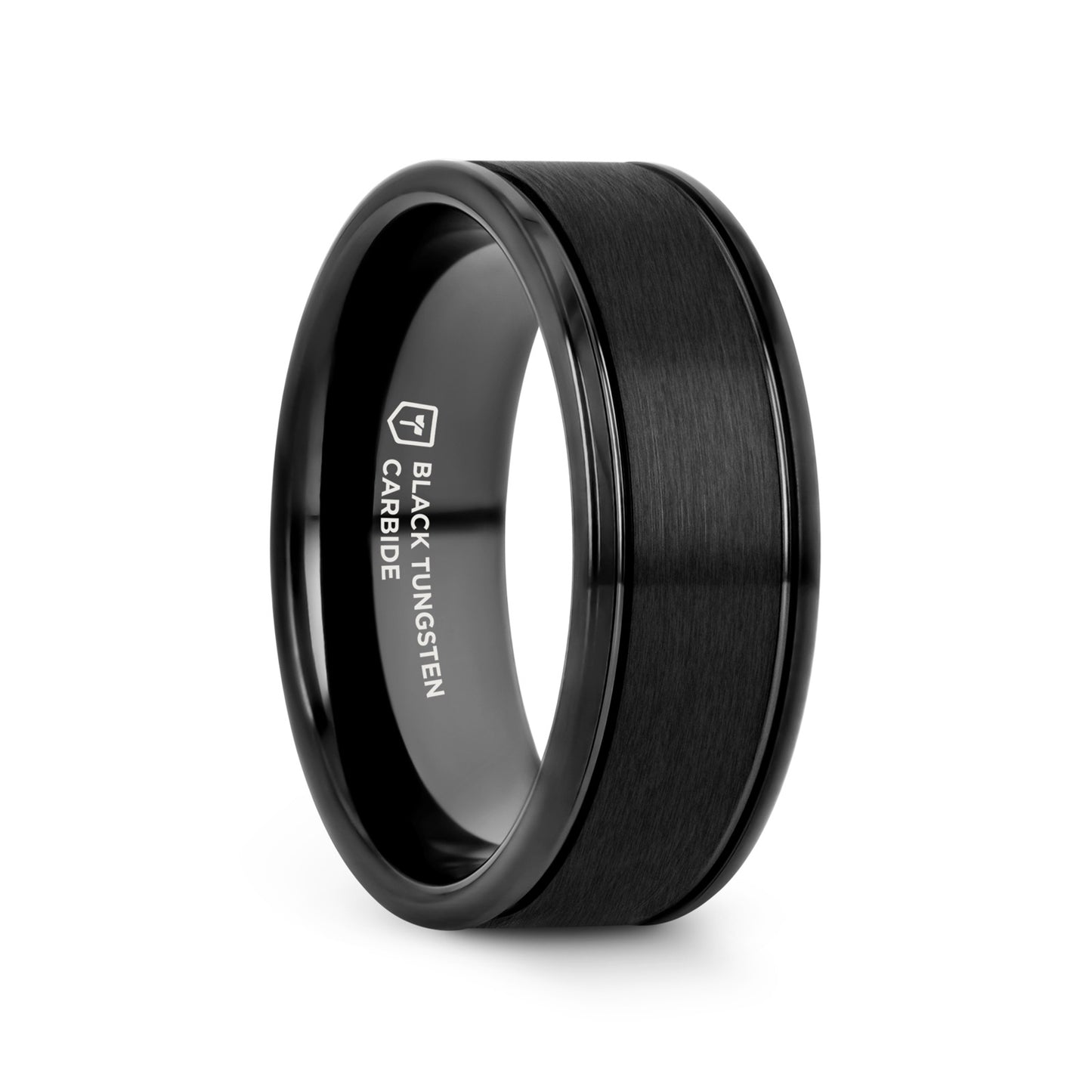 TURNER Flat Brushed Finish Center Black Tungsten Carbide Wedding Band with Dual Offset Grooves and Polished Edges - 6mm 