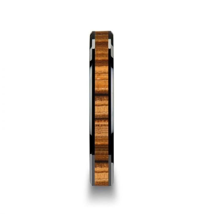 ZEBRANO Black Ceramic Ring with Beveled Edges and Real Zebra Wood Inlay - 4mm - 10mm - 6mm