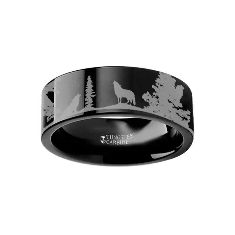 Animal Landscape Scene Wolf Wolves Engraved Flat Black Tungsten Ring - 4mm - 12mm - 6mm
