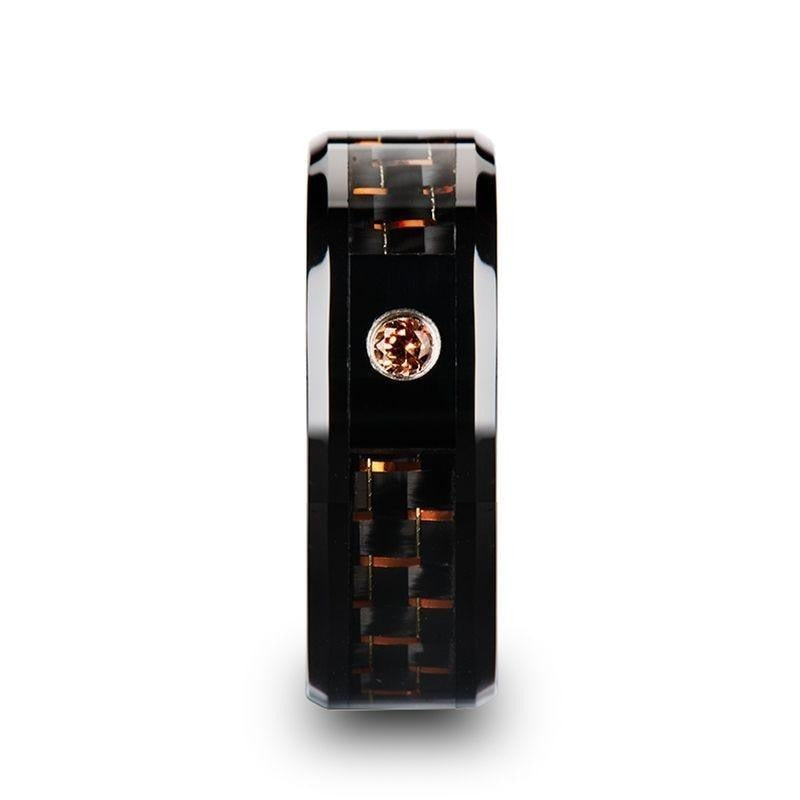 HELSING Black Ceramic Ring with Black and Orange Carbon Fiber and Orange Padparadscha Setting - 8mm