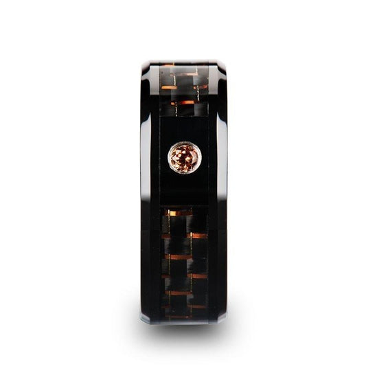 HELSING Black Ceramic Ring with Black and Orange Carbon Fiber and Orange Padparadscha Setting - 8mm
