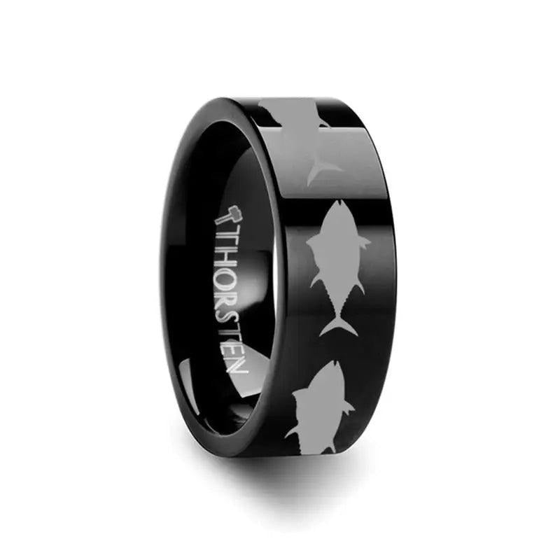 Tuna Fish Jumping Sea Print Pattern Engraved Flat Black Tungsten Ring - 4mm - 12mm - 6mm