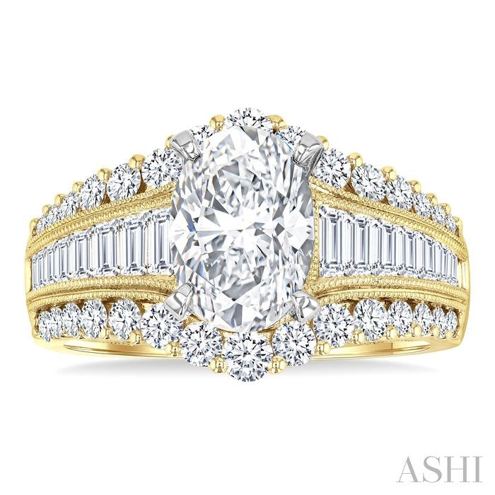 1 1/2 Ctw Baguette and Round Cut Diamond Oval Shape Semi-Mount Engagement Ring in 14K Yellow and White Gold