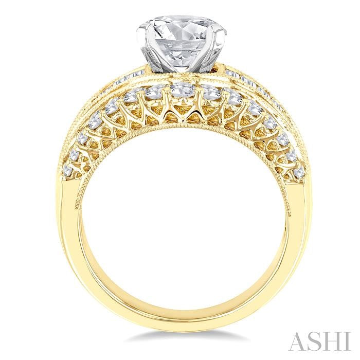 1 1/2 Ctw Baguette and Round Cut Diamond Oval Shape Semi-Mount Engagement Ring in 14K Yellow and White Gold