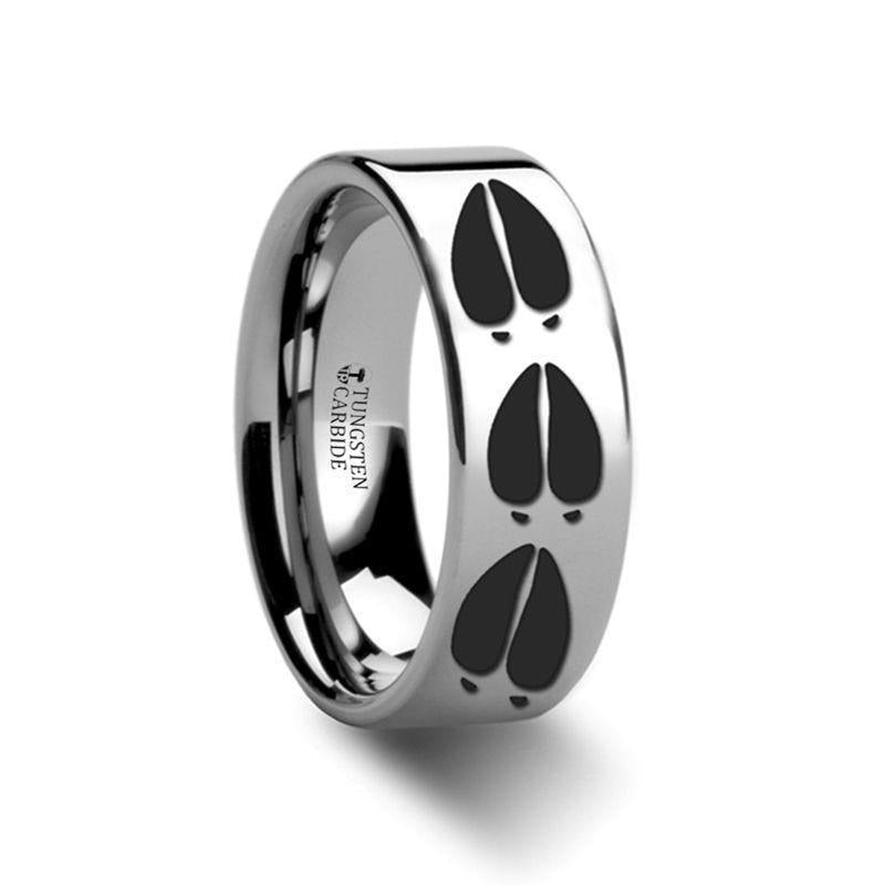 CASCADES Animal Deer Track Mule Print Engraved Flat Tungsten Ring - 4mm - 12mm - 6mm