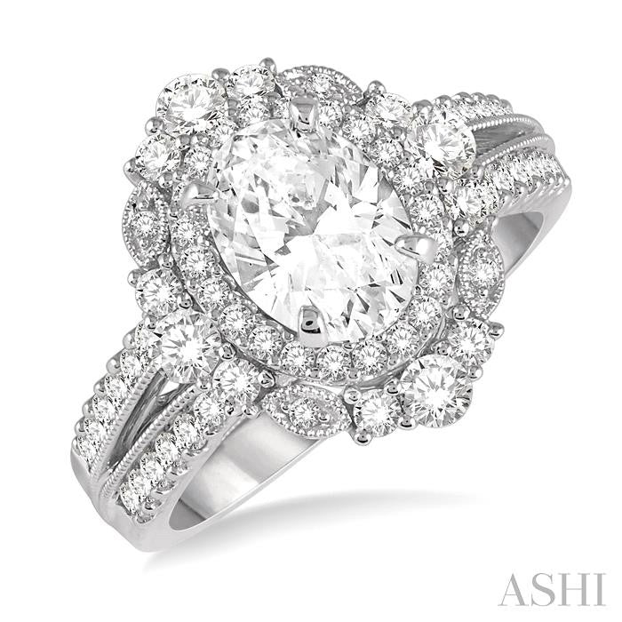 7/8 Ctw Oval Round Cut Diamond Semi-Mount Engagement Ring in 14K White Gold
