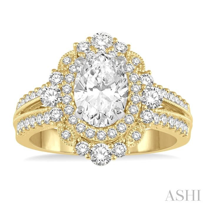 7/8 Ctw Oval Round Cut Diamond Semi-Mount Engagement Ring in 14K Yellow and White Gold